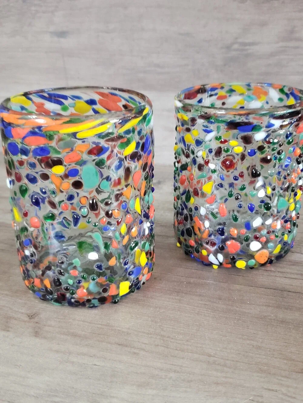 Set Of 2 Mexican Handblown Confetti Rock Glass Juice/Tumbler Glasses 4 Inches